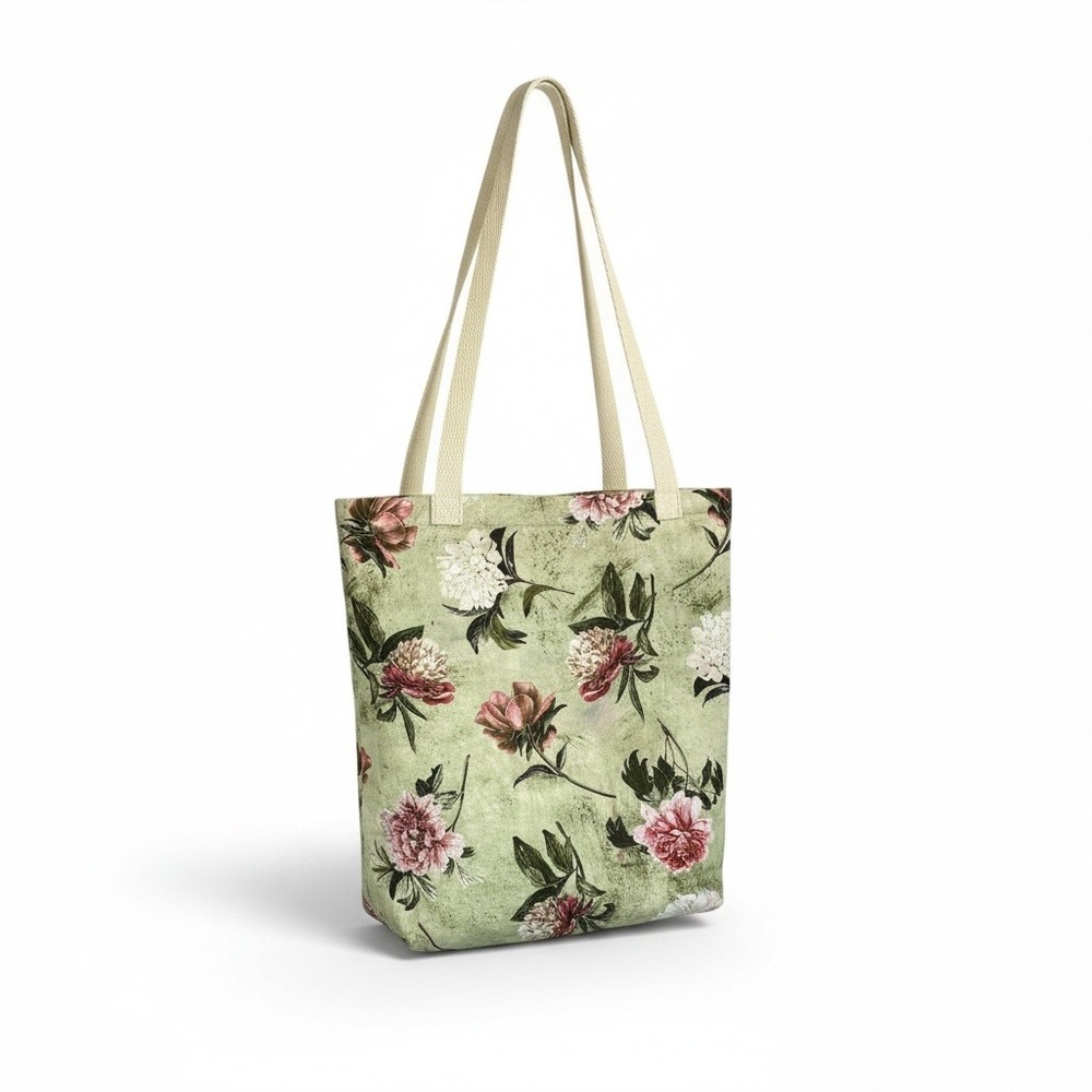 Tote Bag Large Green Pink Floral Quilted Cotton Peony Print Bottle Sleeve Picnic